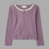 Girls Lace Neck Ribbed Henley Top - purple