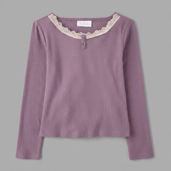 Girls Lace Neck Ribbed Henley Top - purple