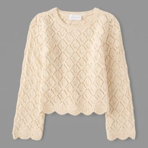 Girls Scalloped Pointelle Sweater - cream