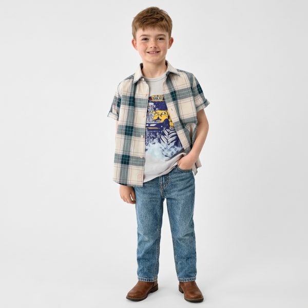 Boys Plaid Poplin Button Up Shirt - cream