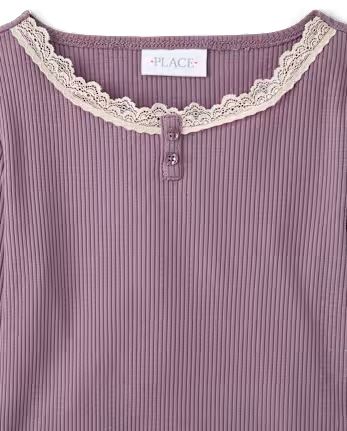 Girls Lace Neck Ribbed Henley Top - purple