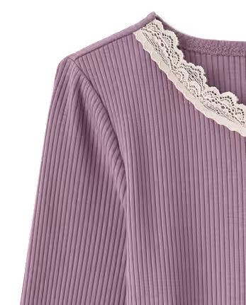 Girls Lace Neck Ribbed Henley Top - purple