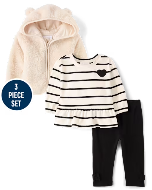 Baby Girls Striped Heart 3-Piece Outfit Set - black
