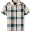 Boys Plaid Poplin Button Up Shirt - cream