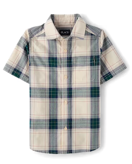 Boys Plaid Poplin Button Up Shirt - cream