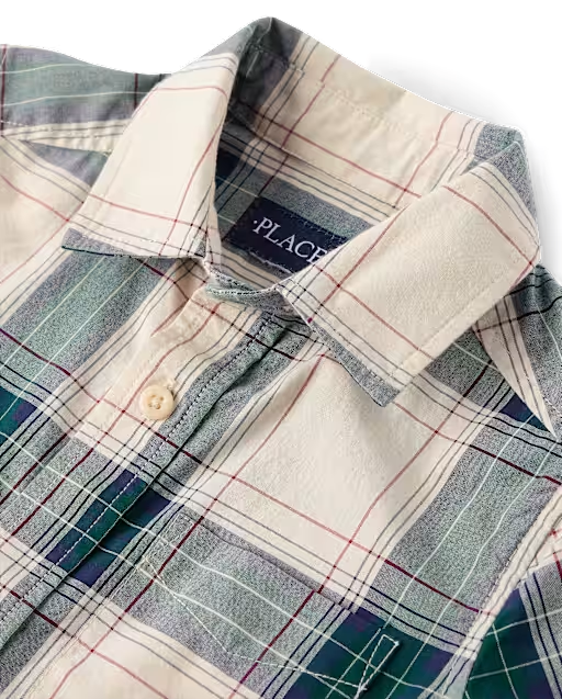 Boys Plaid Poplin Button Up Shirt - cream