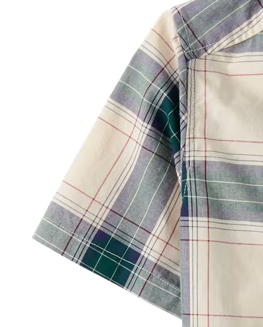 Boys Plaid Poplin Button Up Shirt - cream